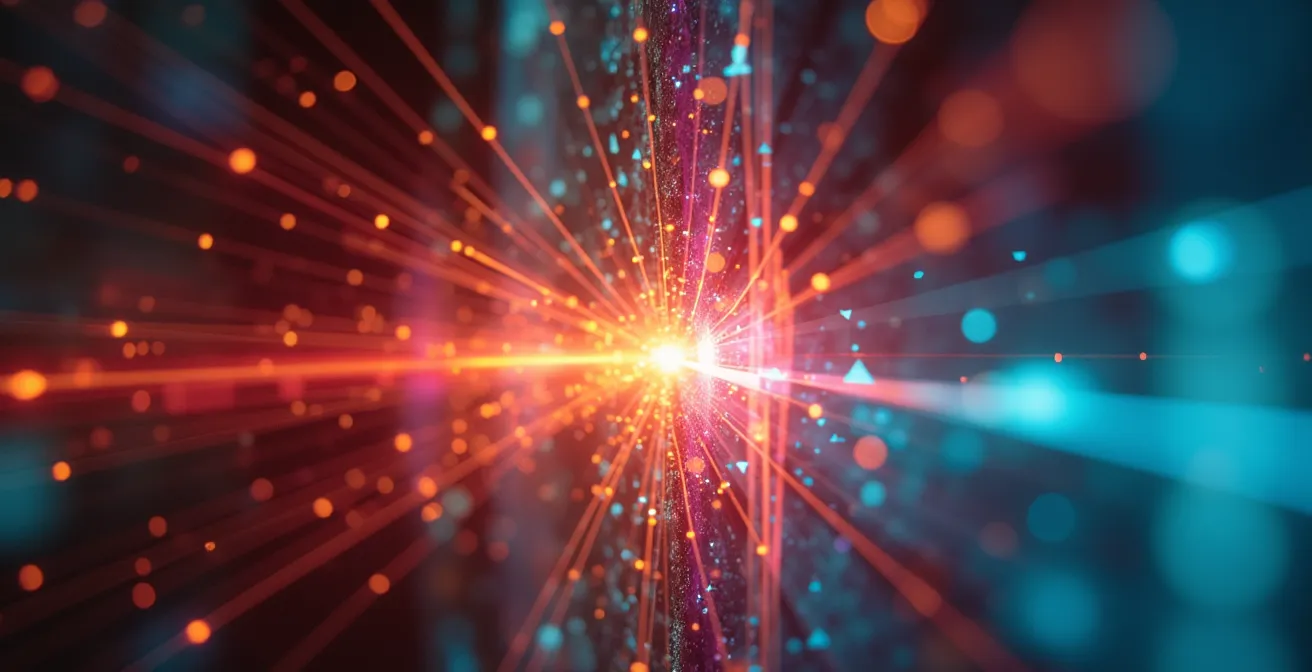 Image conceptuelle abstraite symbolisant la fusion de mots et idées dans un prisme de lumière colorée