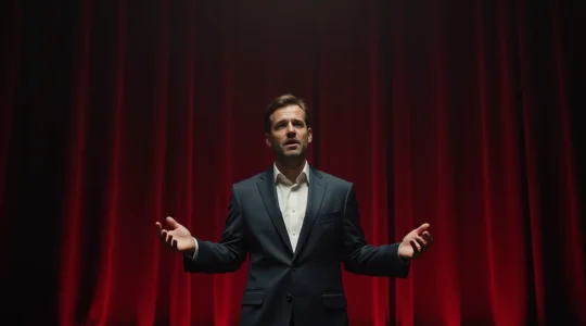 Un orateur se tenant debout en position ouverte, face à une audience invisible, avec une expression de sincérité et de connexion, dans une lumière naturelle de scène de théâtre