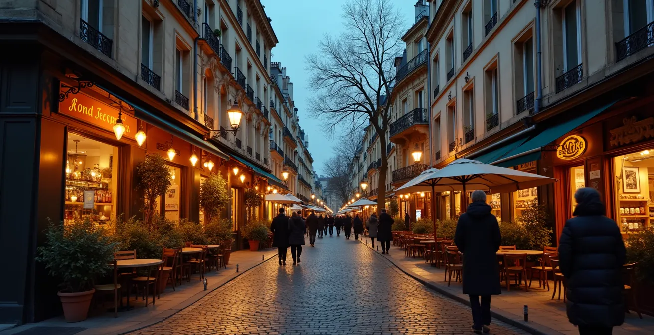 Vue symbolique du Quartier Latin à Paris au crépuscule, capturant l'esprit des époques culturelles croisées