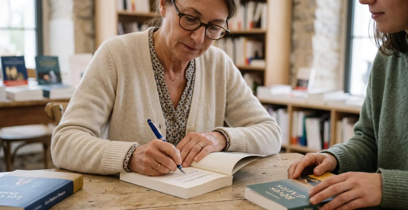 Auteur dédicaçant un livre lors d'un salon littéraire en Vaucluse, mains en action avec lecteur à proximité