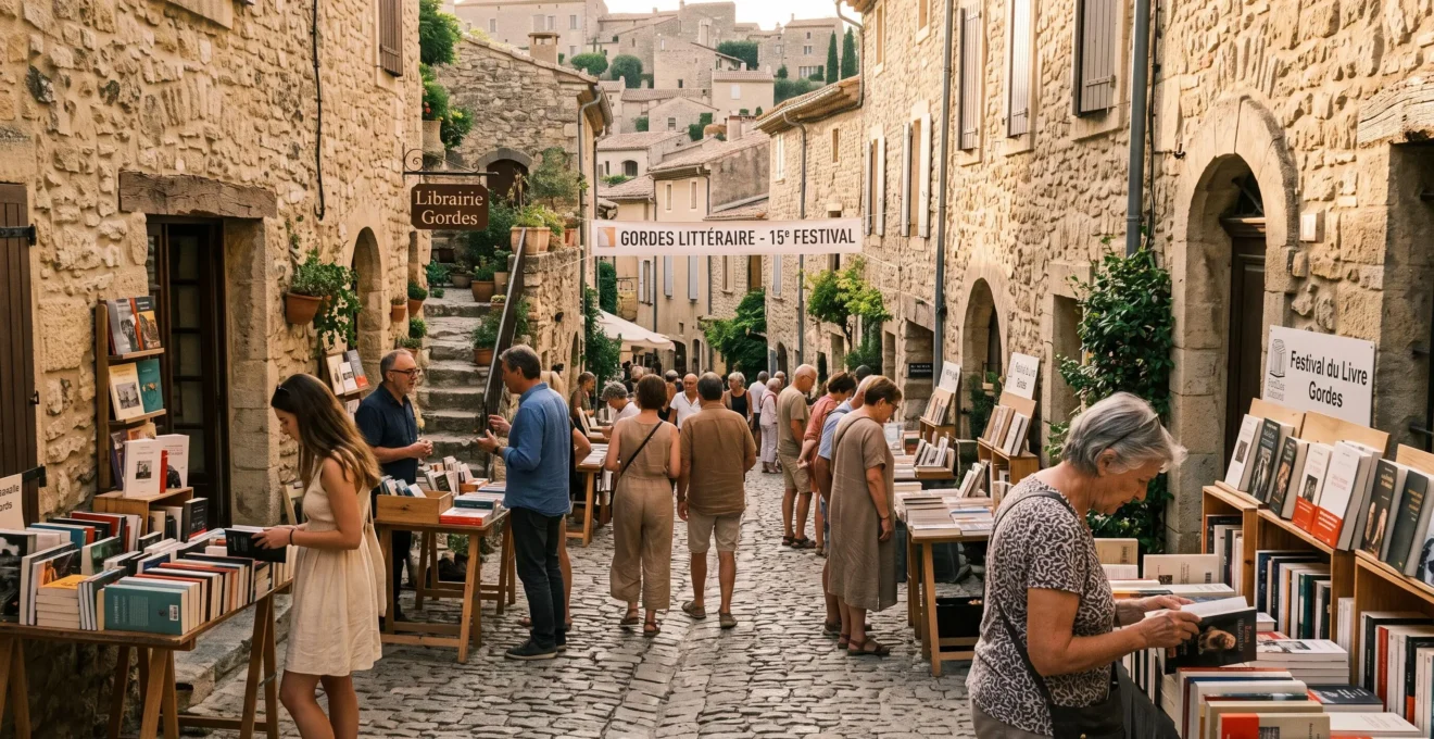 Visiteurs parcourant les stands de livres lors du festival littéraire dans les rues en pierre de Gordes