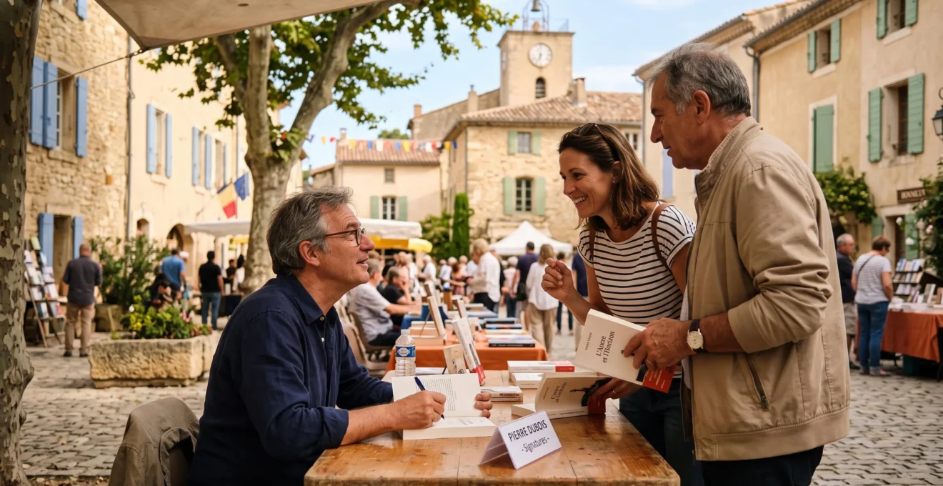 Auteur dédicaçant un livre et conversant avec des lecteurs lors d'un festival littéraire en plein air dans un village provençal du Vaucluse