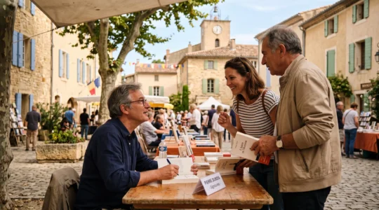 Auteur dédicaçant un livre et conversant avec des lecteurs lors d'un festival littéraire en plein air dans un village provençal du Vaucluse