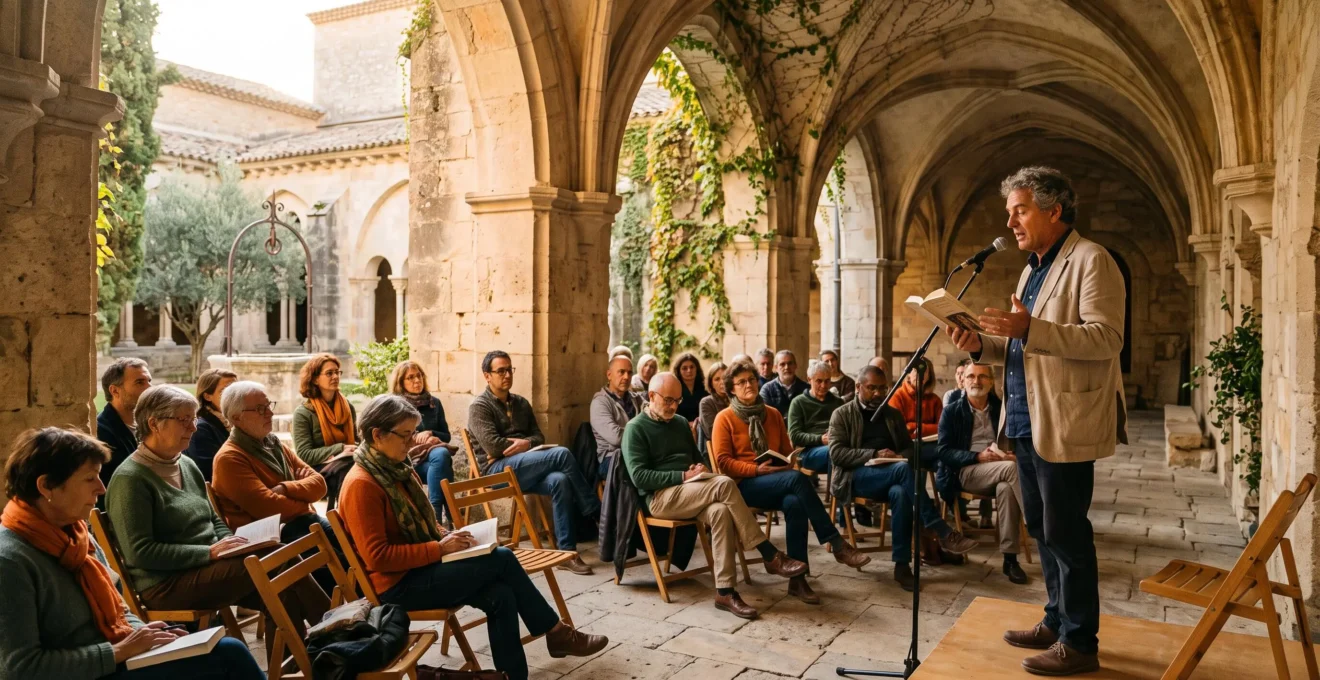 Présentation littéraire devant un public assis dans une cour intérieure historique en pierre typique du patrimoine vauclusien